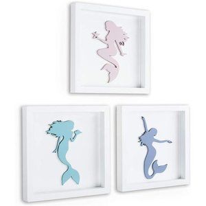 Elegant 3D Mermaid Wall Decor,Framed Wooden Set of 3Silhouettes in Pastel Colors